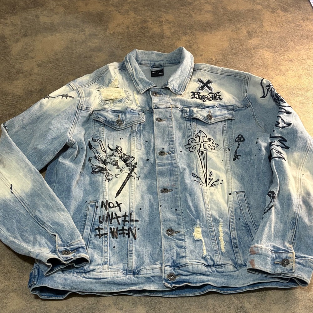 Smoke Rise Denim Jacket Mens 3XL Blue Graphic Distressed Streetwear Art Trucker